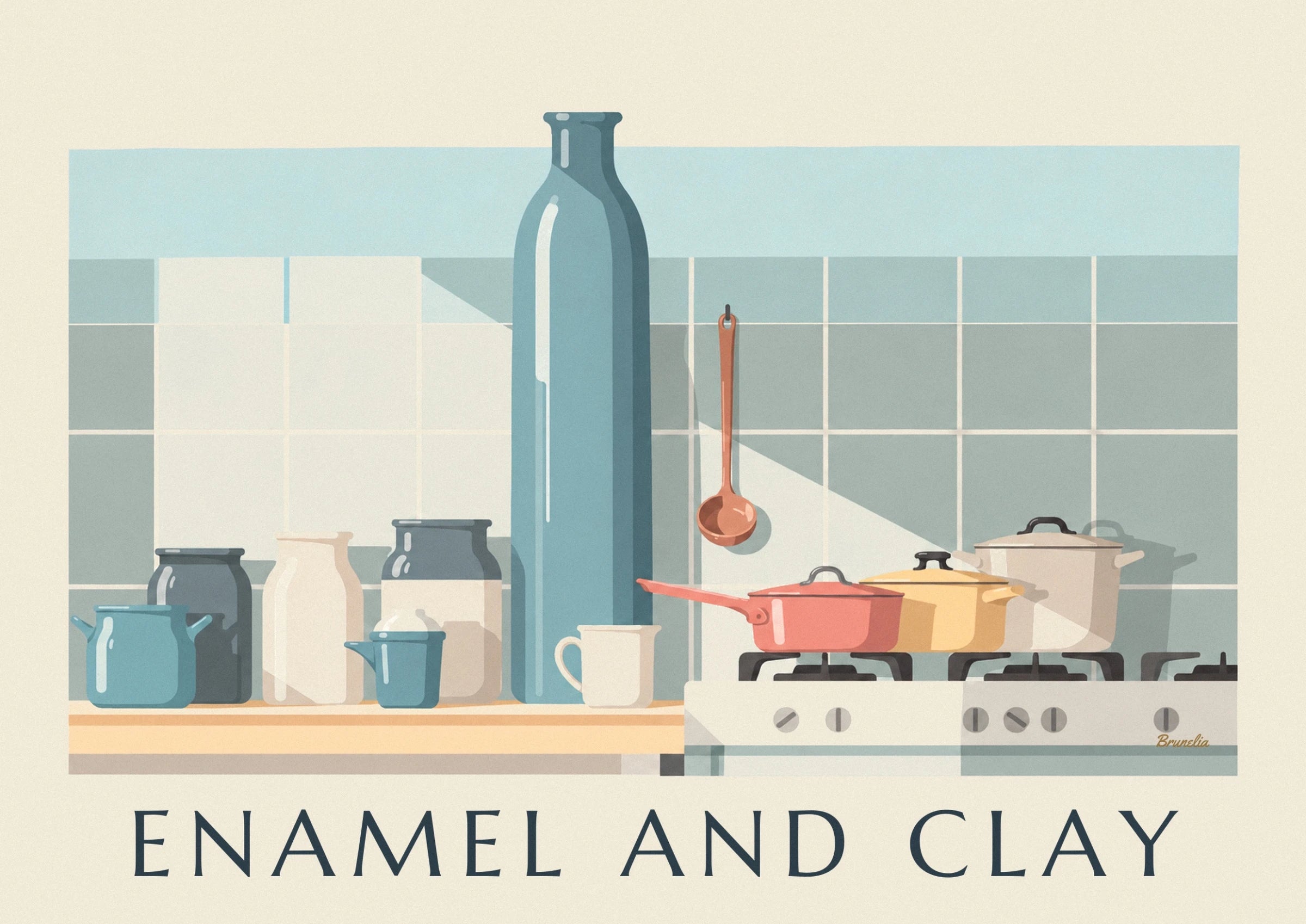 A large blue bottle, a copper ladle on the wall and a grey pot on the shelf