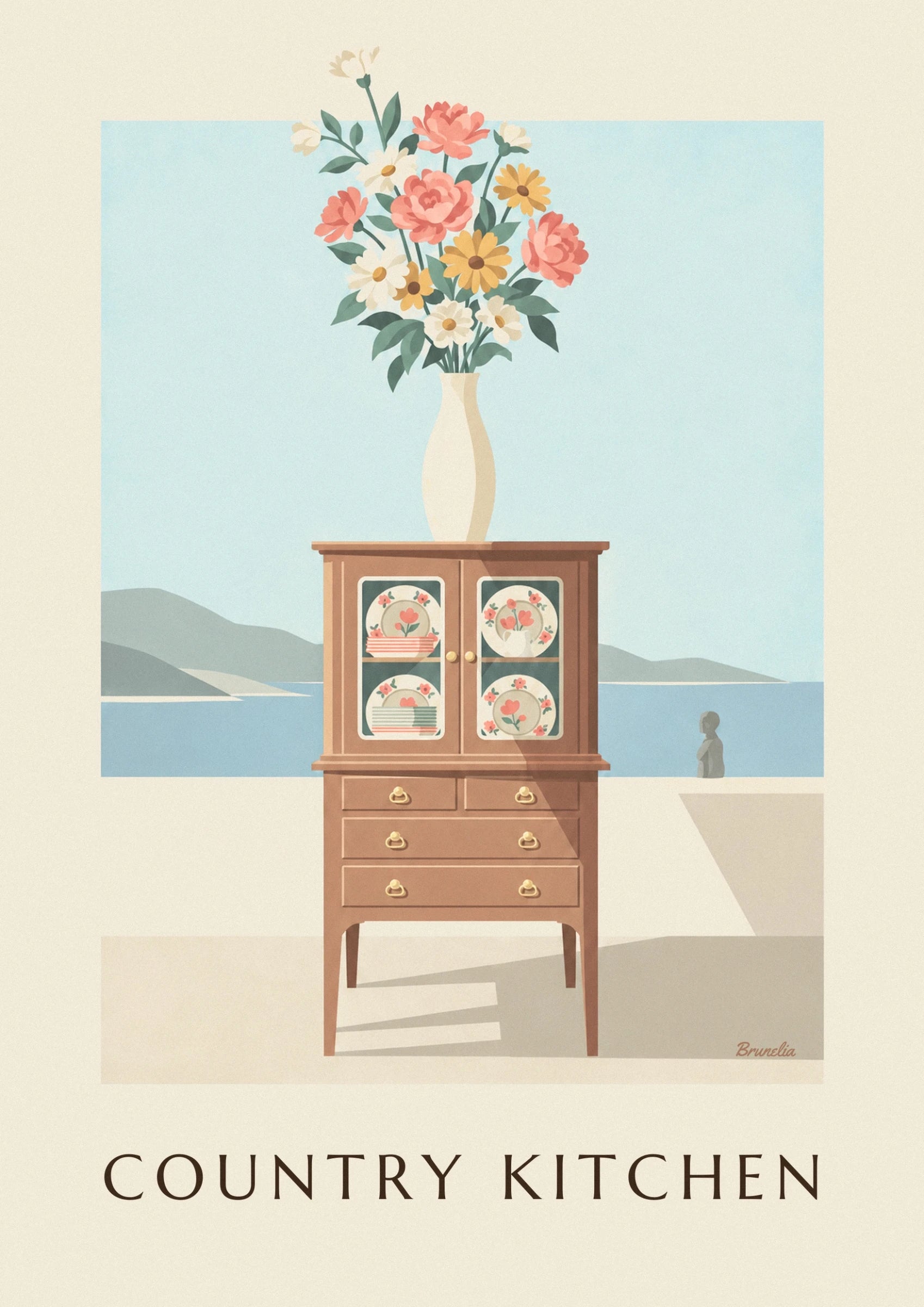 Das Holzbuffet mit Glasvitrinen, Tellern mit rosa Blumen und goldenen Griffen