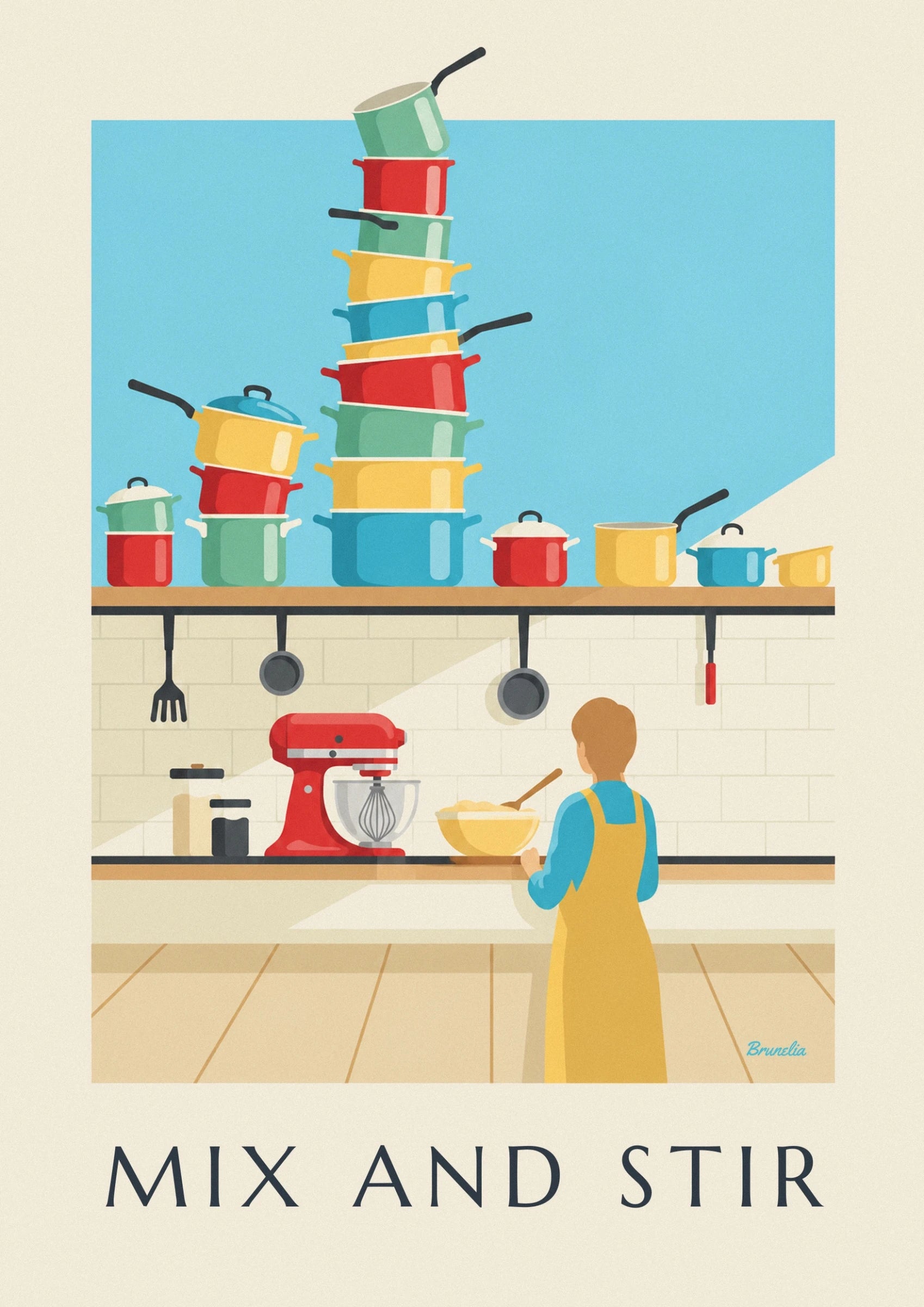 Une pile de casseroles rouges, jaunes, vertes et bleues sur fond turquoise