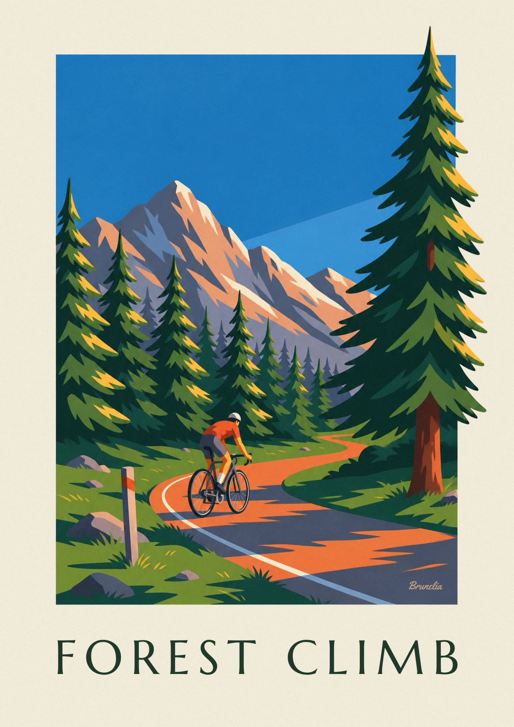 Le cycliste en maillot orange sur son vélo noir, dans un virage bordé de sapins