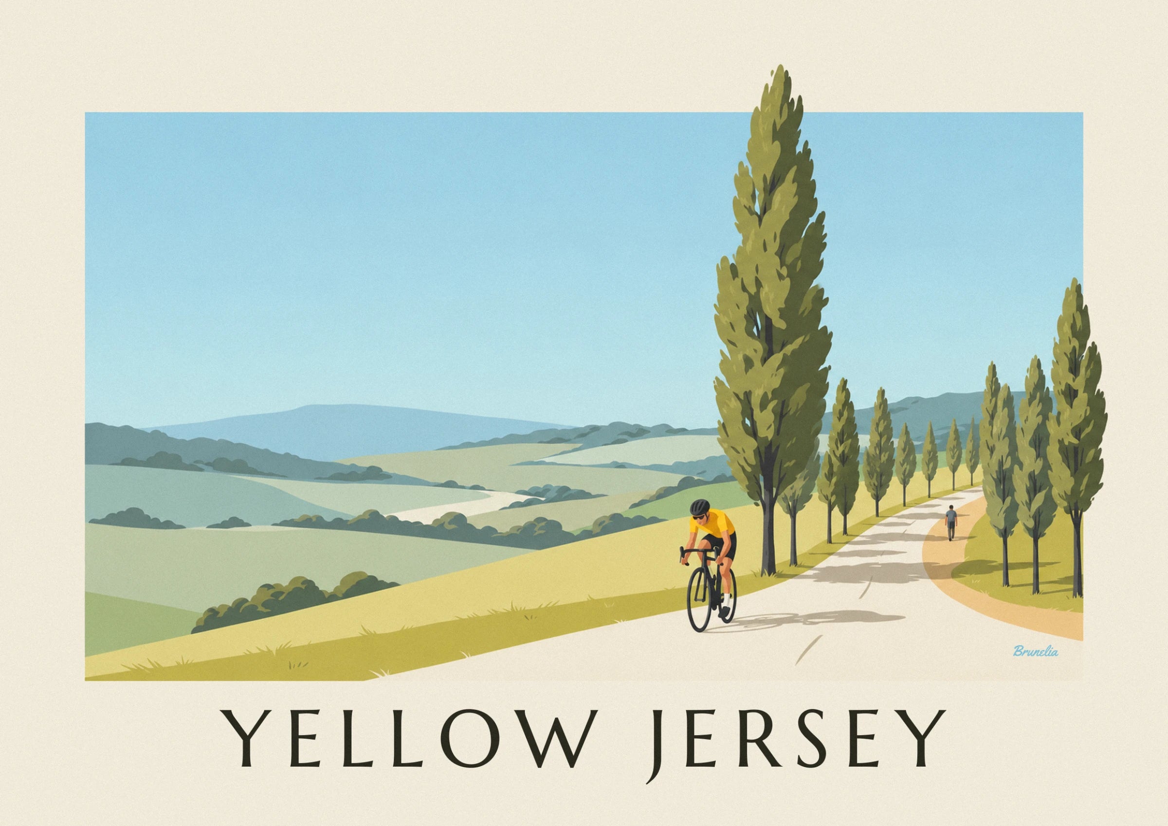 The cyclist in a yellow jersey and black helmet, leaning over his road bike beneath the poplars