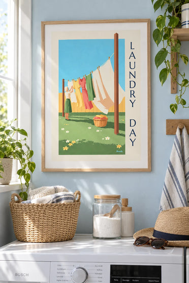 Poster Waschtag und weiße Wäsche, die in der Sonne trocknet: gerahmt an der Wand