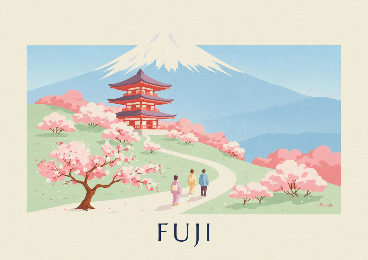 Chureito pagoda, Mount Fuji and cherry blossoms poster