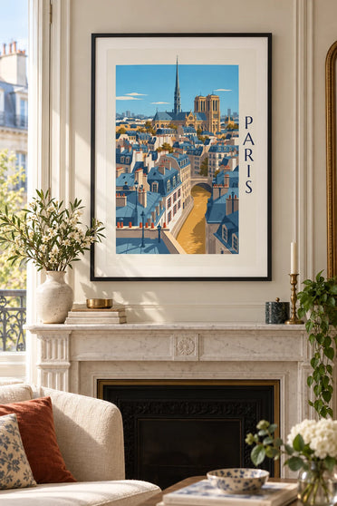 Affiche toits haussmanniens de Paris et cathédrale Notre-Dame : encadrée au mur