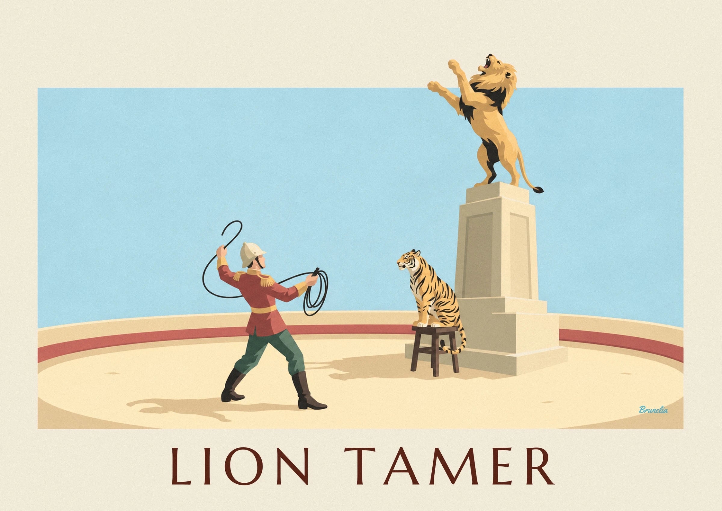 Poster Raubtierdompteur, Löwe und Tiger in der Zirkusmanege: Detail in Nahaufnahme