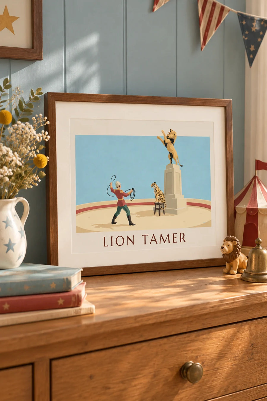 Poster Raubtierdompteur, Löwe und Tiger in der Zirkusmanege: kleines Format A4, gerahmt