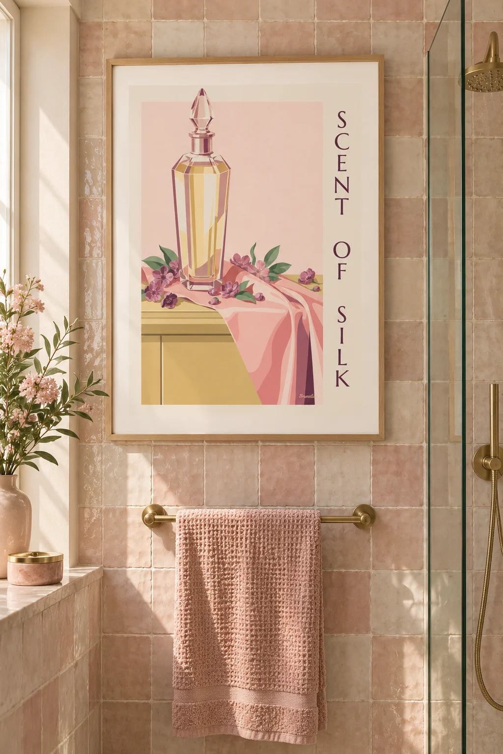 Bedroom: Crystal perfume bottle and draped silk poster on the wall