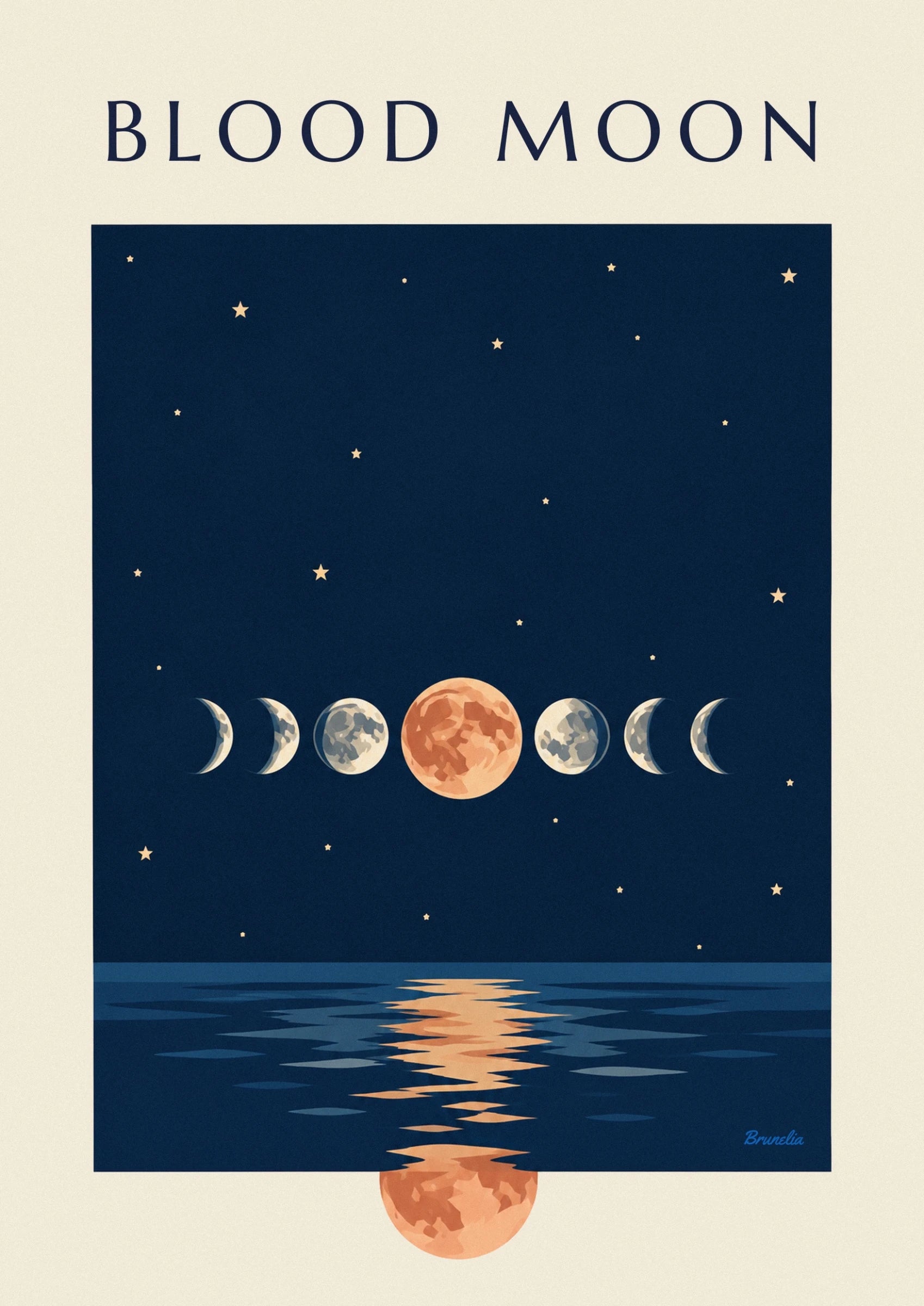 Une grande Lune orangée entre 2 lunes claires sur un ciel bleu nuit étoilé
