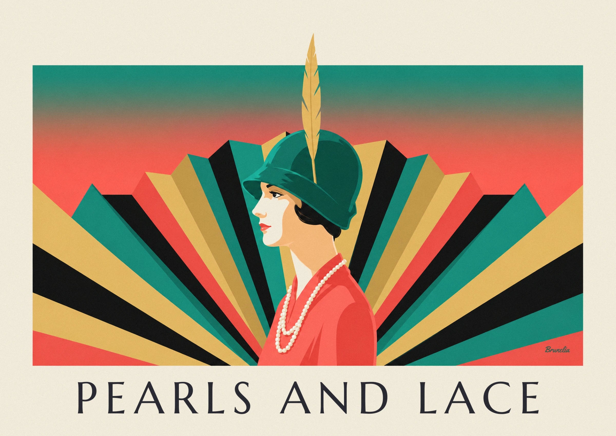 The woman in profile wearing a green cloche hat with a golden feather, a pearl necklace and a red jacket
