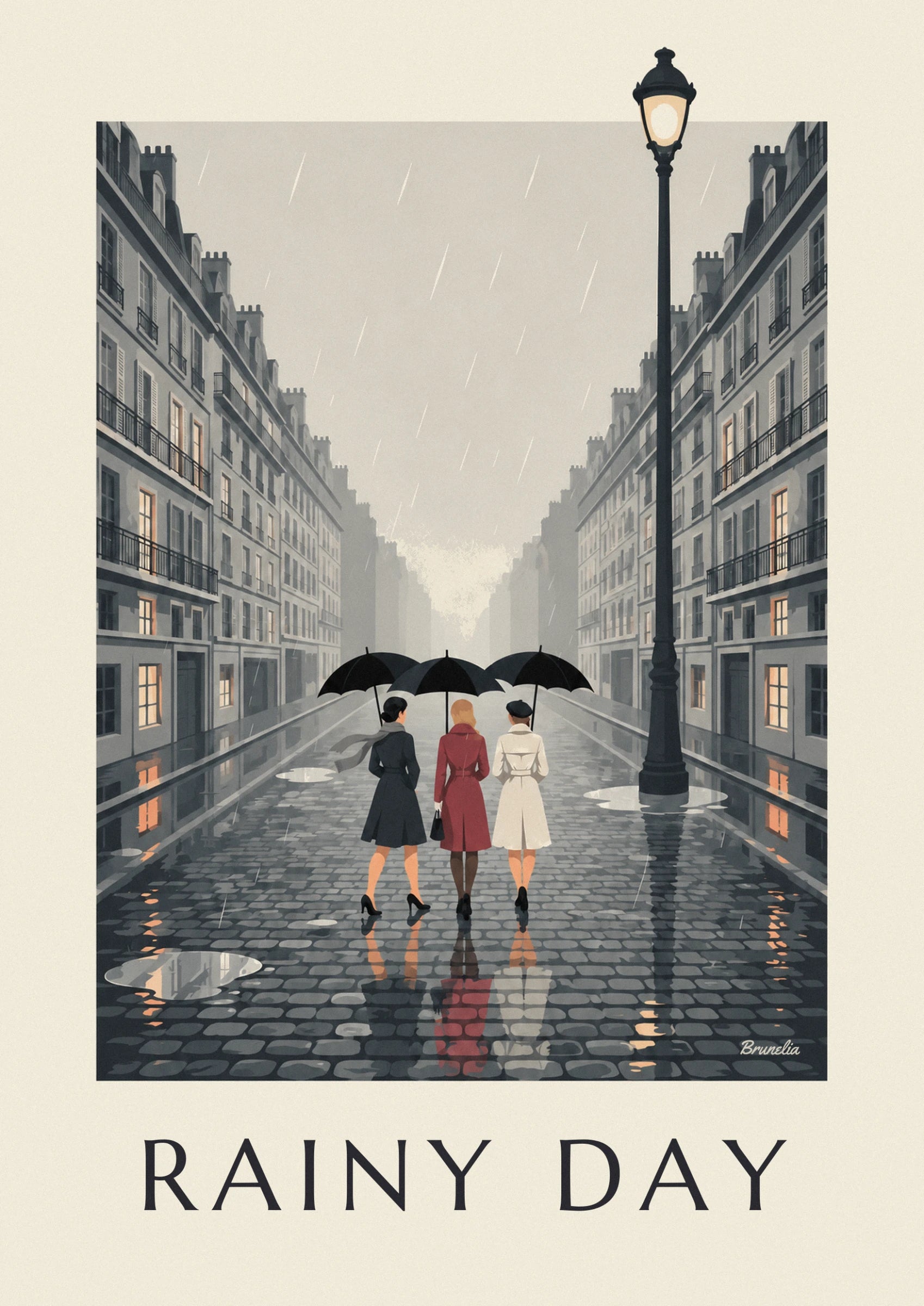 Les 3 femmes de dos sous leurs parapluies noirs, manteaux gris, rouge et blanc, sur les pavés