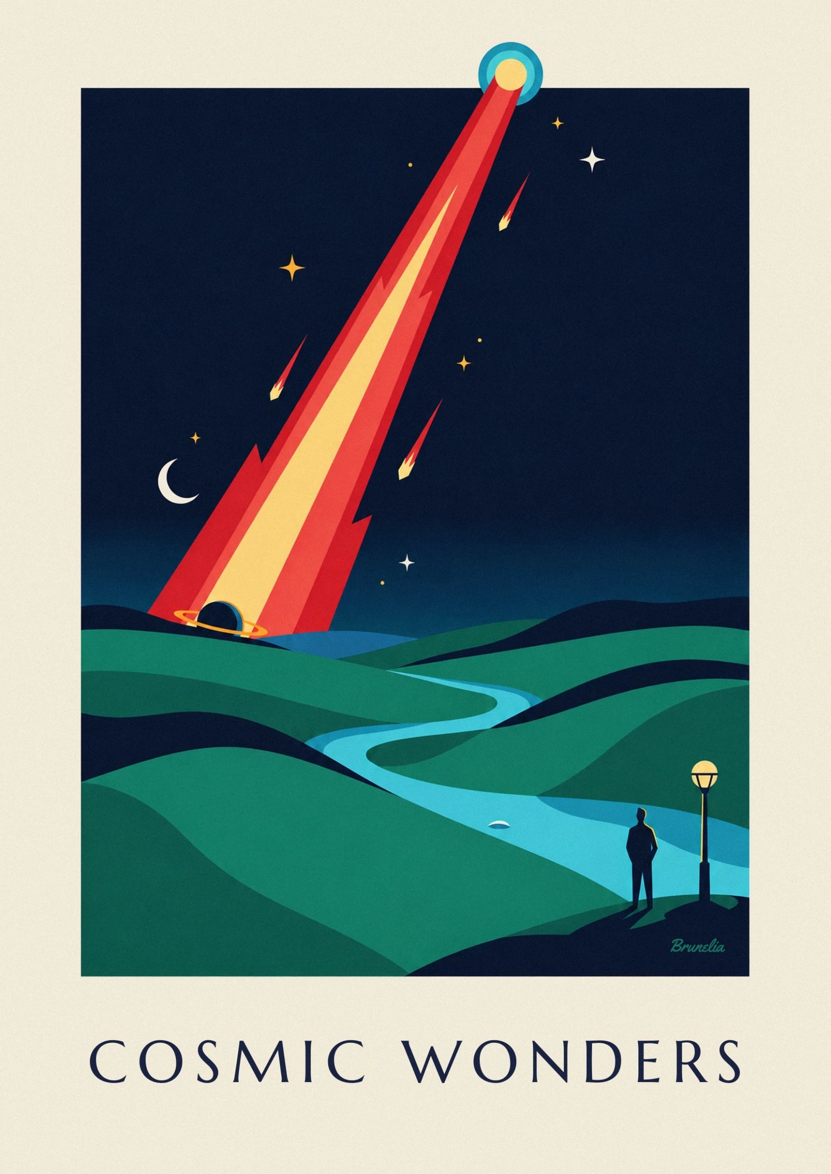A red and yellow streak among meteorites and stars in the midnight-blue sky