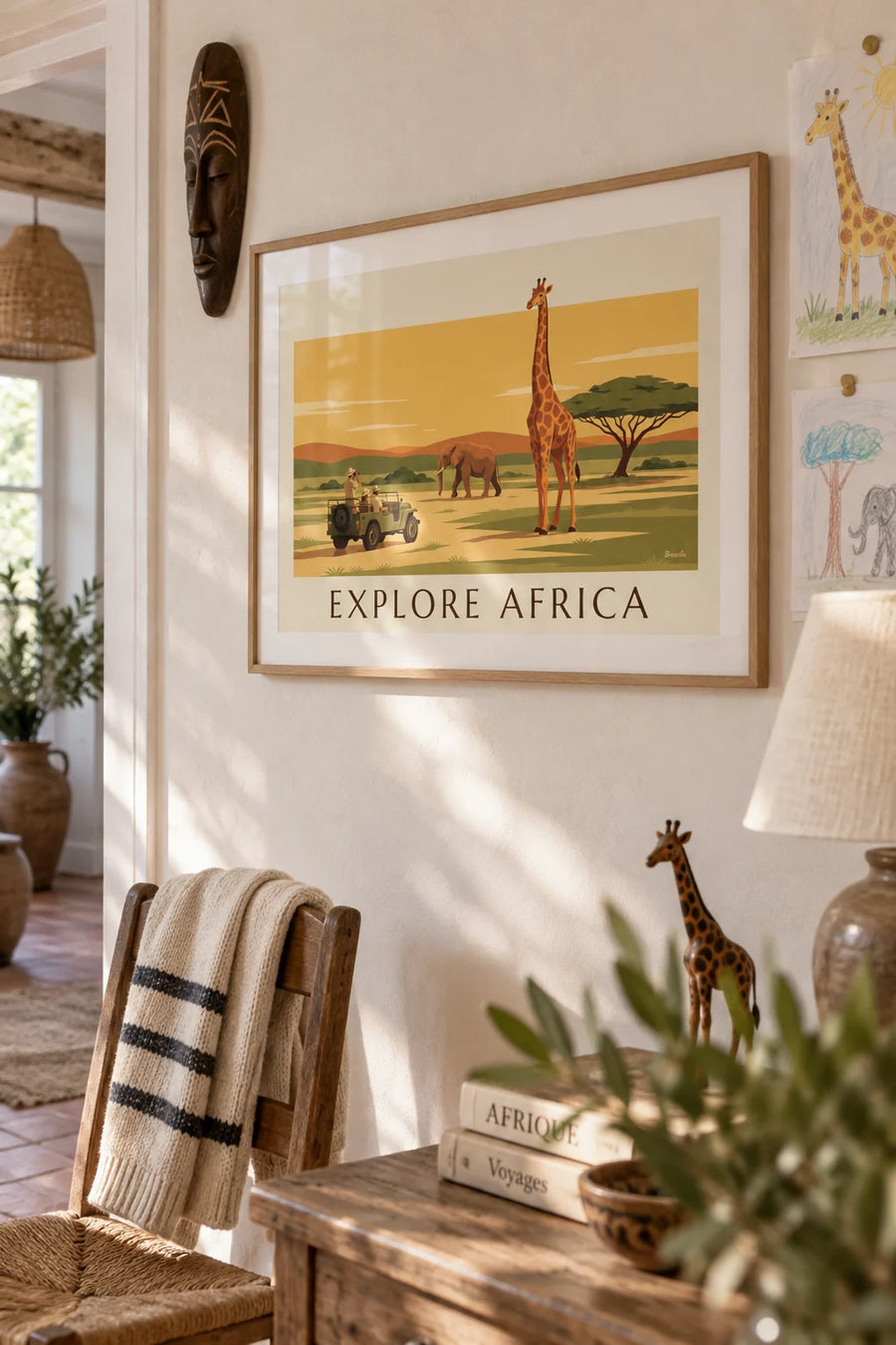 Poster Safari in Afrika mit Elefant, Giraffe und Akazie: gerahmt an der Wand
