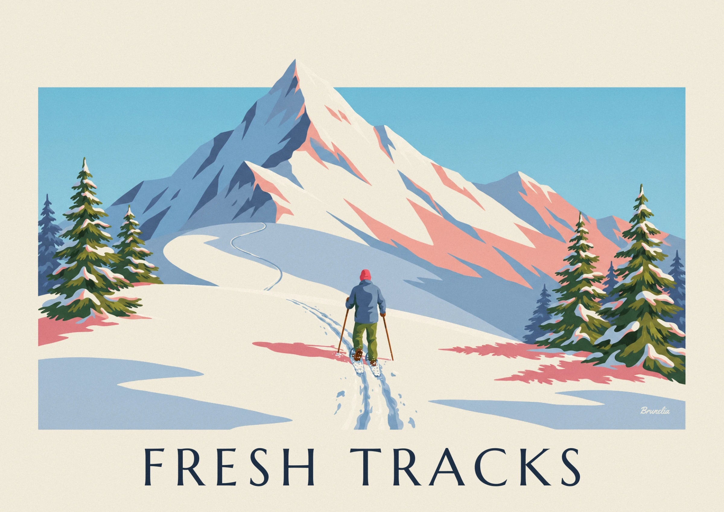 The hiker in a pink woolly hat and blue jacket, seen from behind with snowshoes and 2 poles