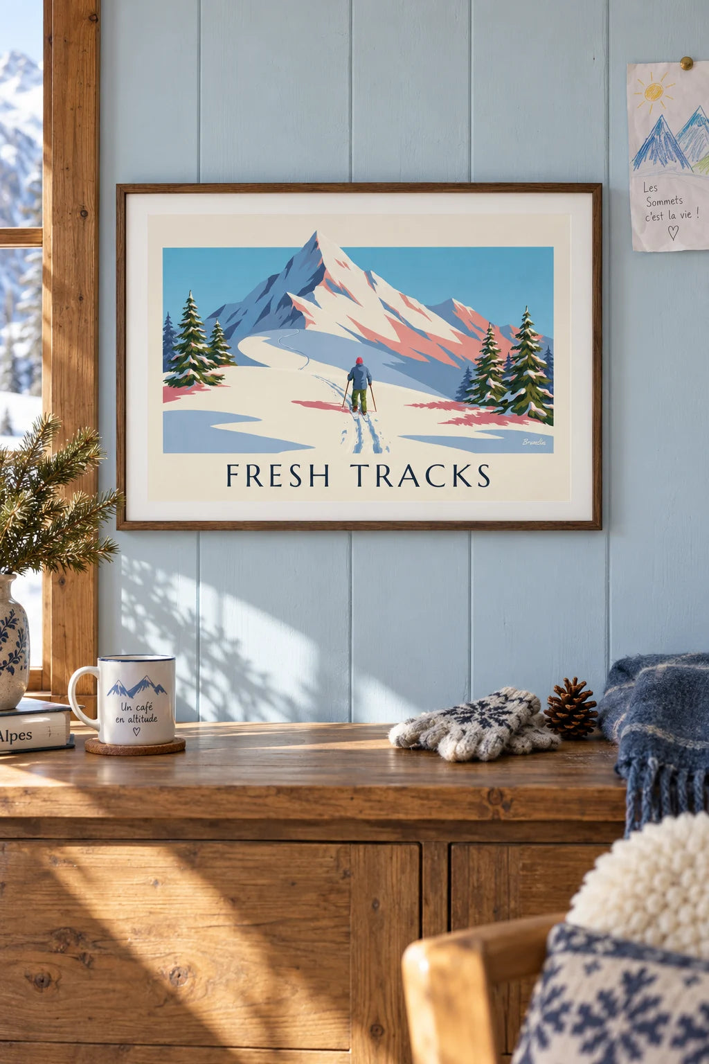 Snowshoe hike on a snowy Alpine trail poster on the wall