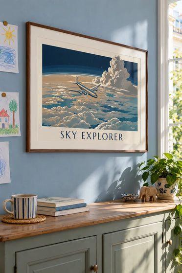 Poster Verkehrsflugzeug über einem Wolkenmeer: gerahmt an der Wand