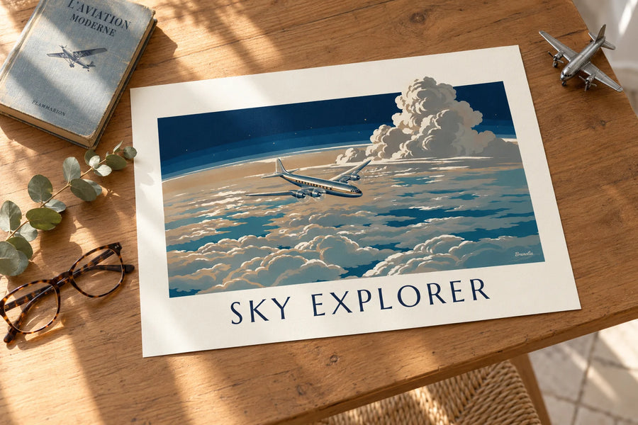 Poster Verkehrsflugzeug über einem Wolkenmeer: auf einem Tisch