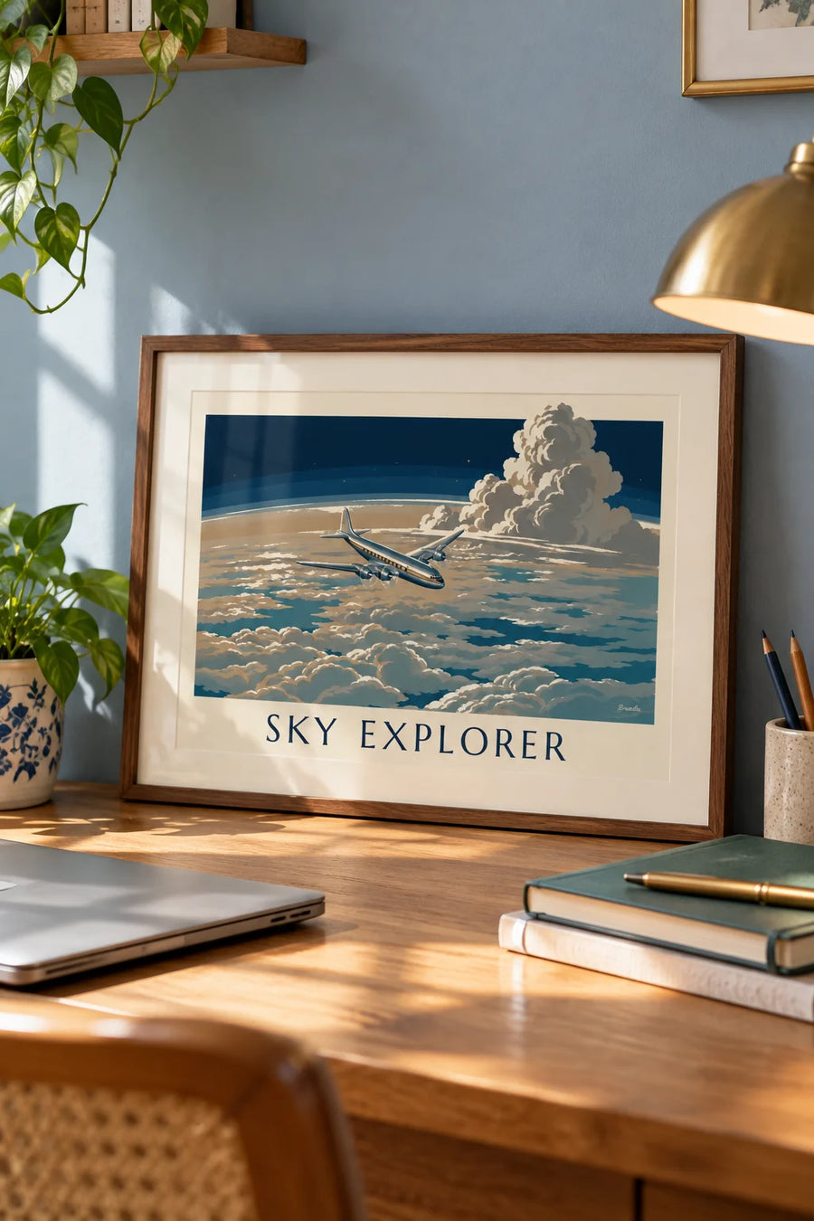 Poster Verkehrsflugzeug über einem Wolkenmeer: kleines Format A4 gerahmt