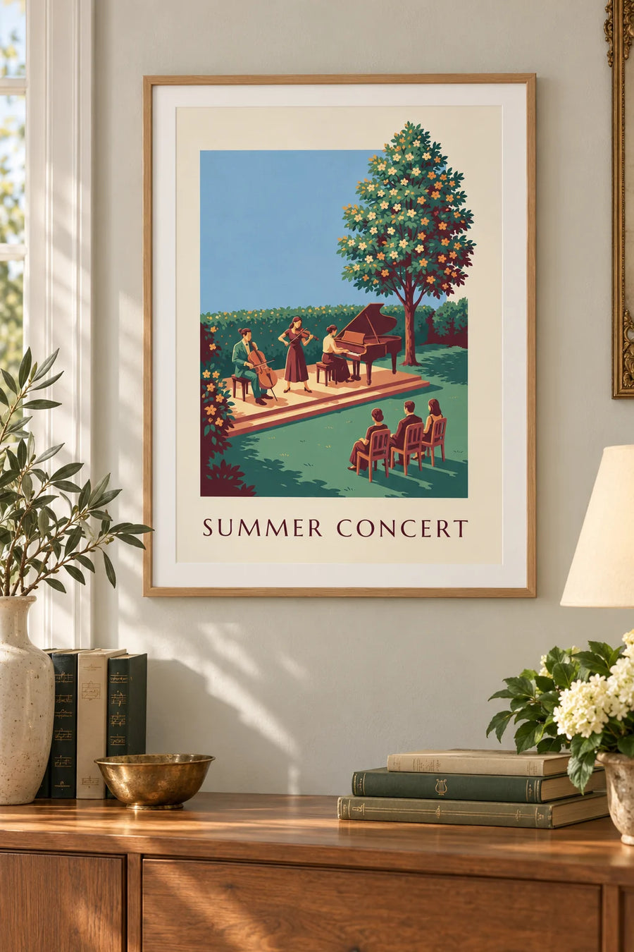 Poster Klassik-Trio bei einem Sommerkonzert unter freiem Himmel : gerahmt an der Wand