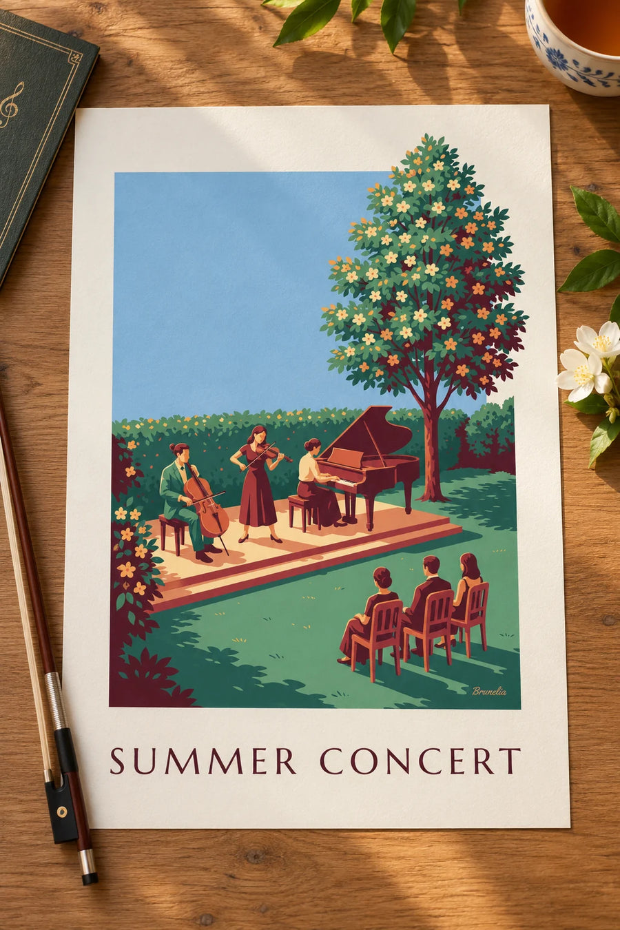 Poster Klassik-Trio bei einem Sommerkonzert unter freiem Himmel : auf einem Tisch aufgestellt