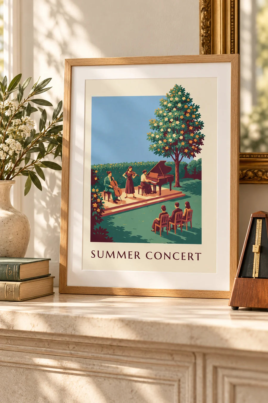 Poster Klassik-Trio bei einem Sommerkonzert unter freiem Himmel : kleines A4-Format, gerahmt