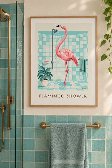 Poster Flamingo unter der Dusche in einem Badezimmer: gerahmt an der Wand