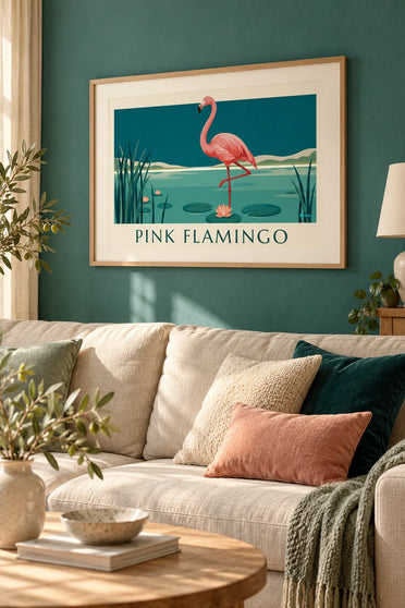 Poster Flamingo auf einem Bein zwischen Seerosen: gerahmt an der Wand