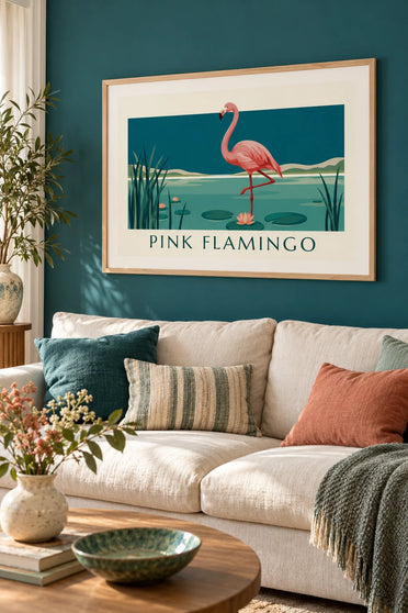 Poster Flamingo auf einem Bein zwischen Seerosen: gerahmt an der Wand