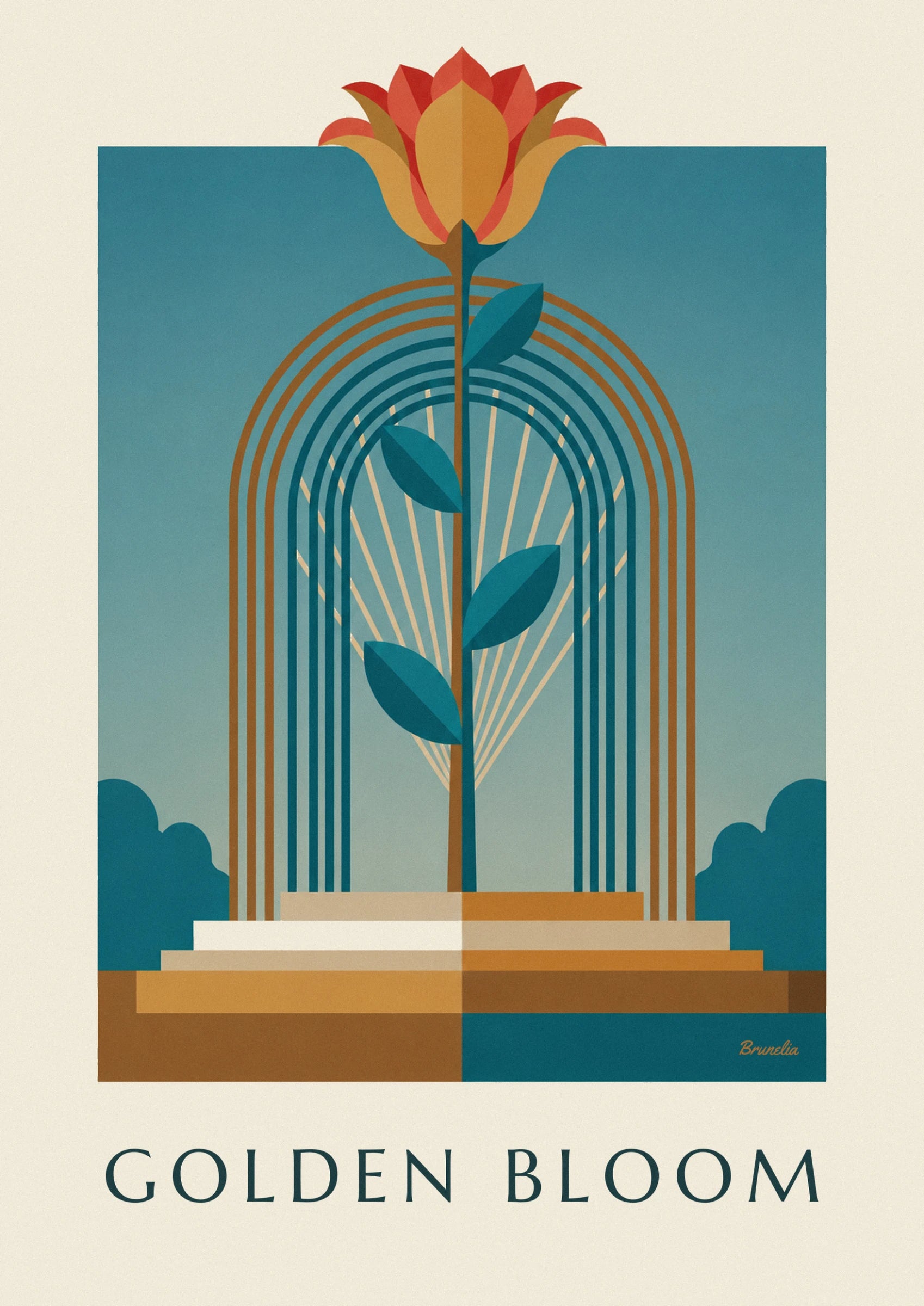 Die Blume mit roten und goldenen Blütenblättern, auf kupferfarbenen Bögen vor einem petrolfarbenen Hintergrund