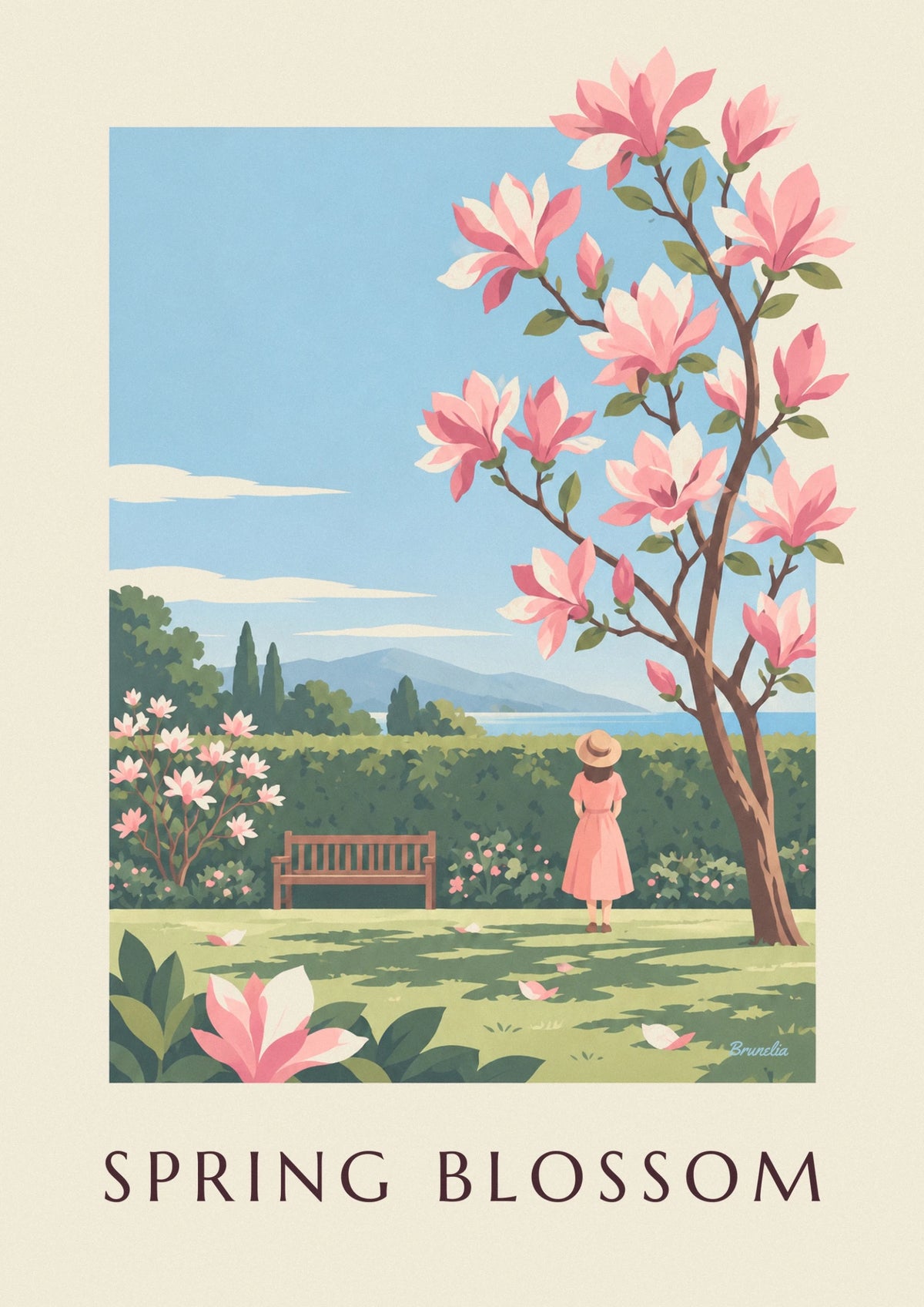 Affiche branche de magnolia aux fleurs roses au printemps