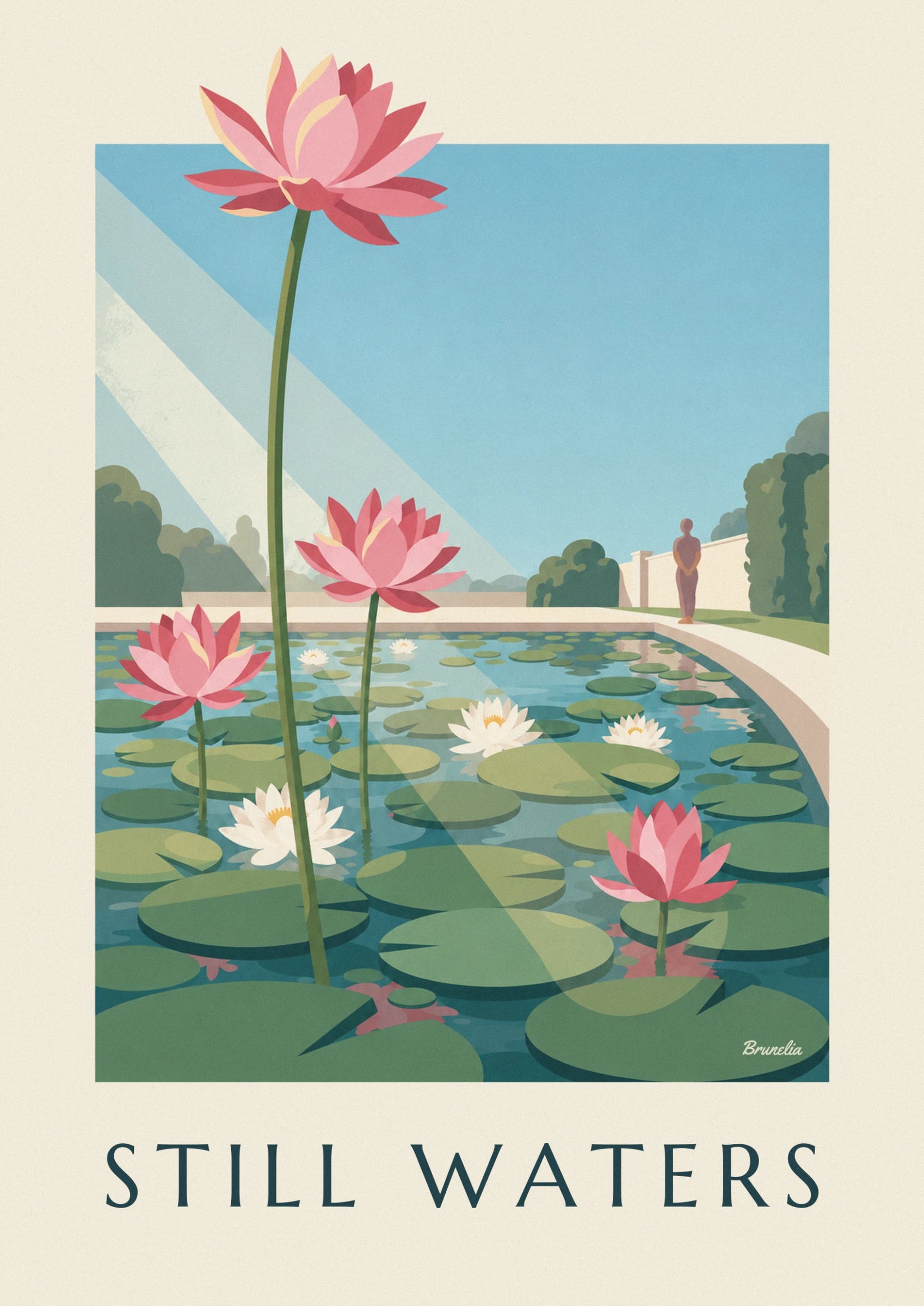Ein rosa Lotus mit gekräuselten Blütenblättern auf seinem hohen grünen Stängel vor dem blauen Wasser