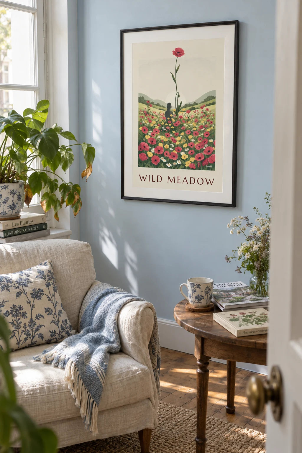 Sunlit poppy meadow and wildflowers poster on the wall