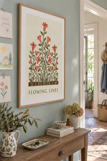 Poster Blumenmuster mit geschwungenen Linien und stilisierten Lilien: gerahmt an der Wand