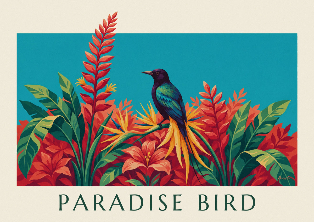 Poster Paradiesvogel zwischen tropischen Blumen