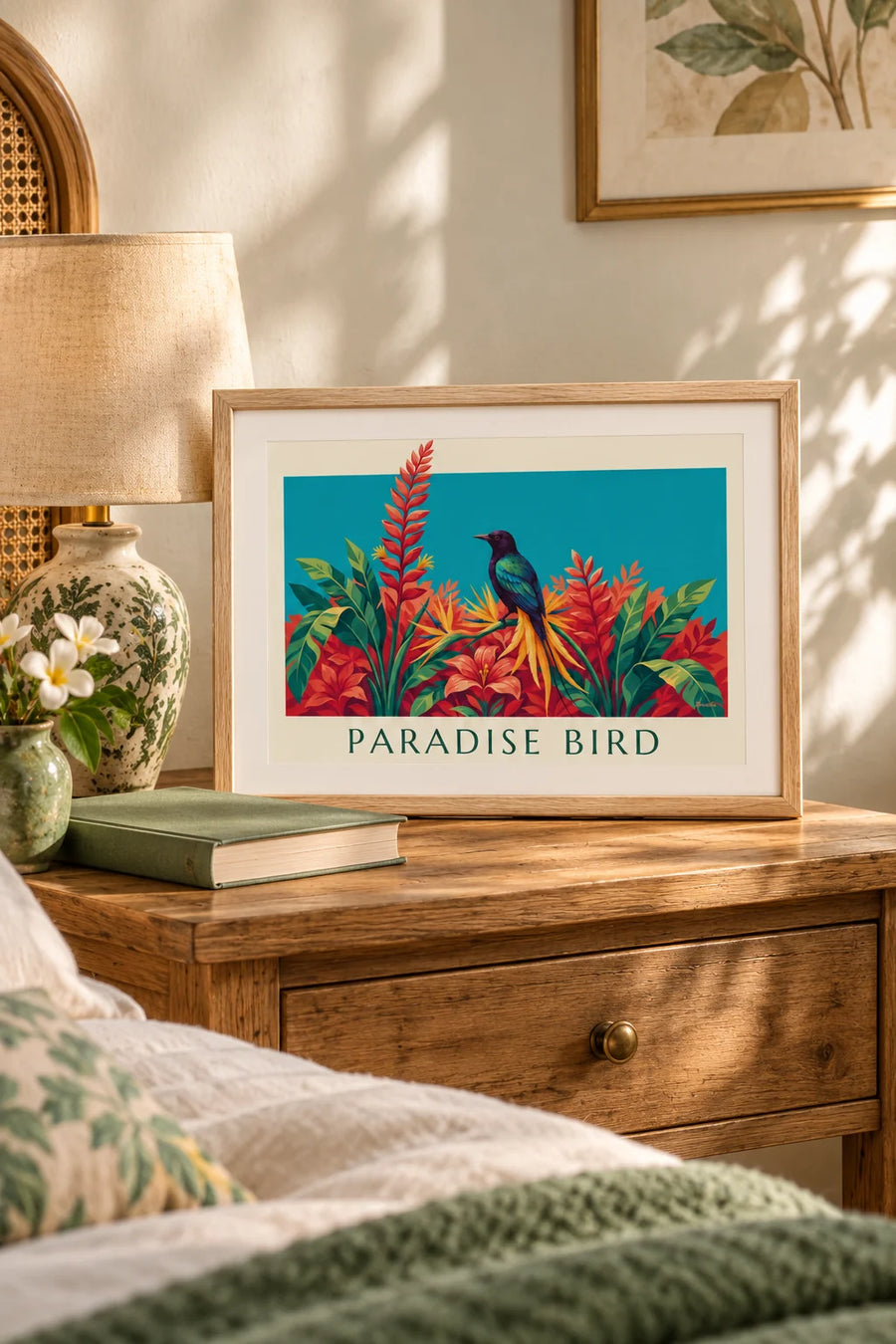 Affiche oiseau de paradis parmi les fleurs tropicales : petit format A4 encadré