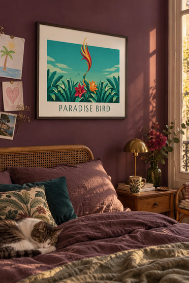 Affiche oiseau de paradis parmi les fleurs tropicales : encadrée au mur