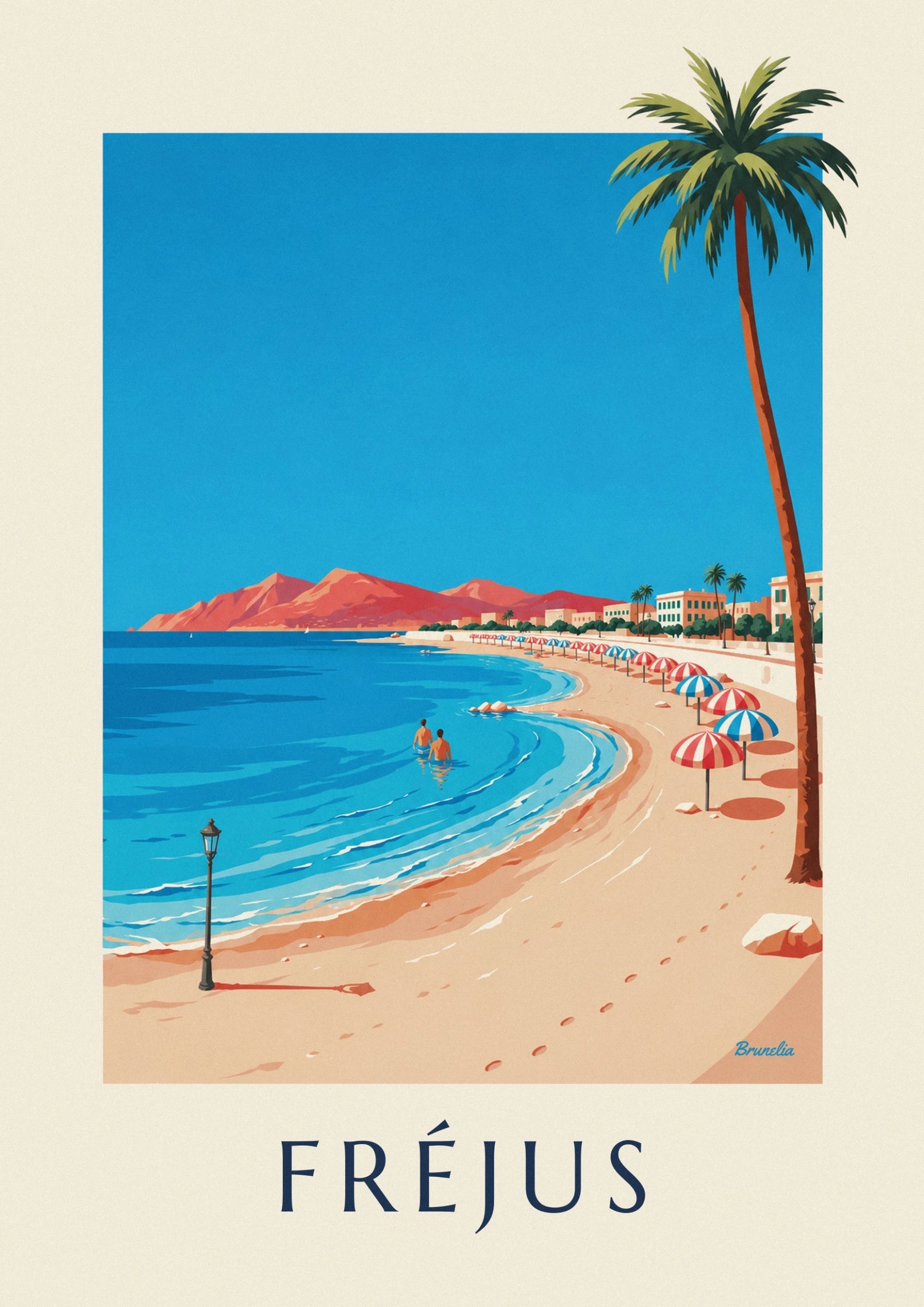 Rote und blaue Sonnenschirme im Sand, vor den Fassaden und Palmen von Fréjus