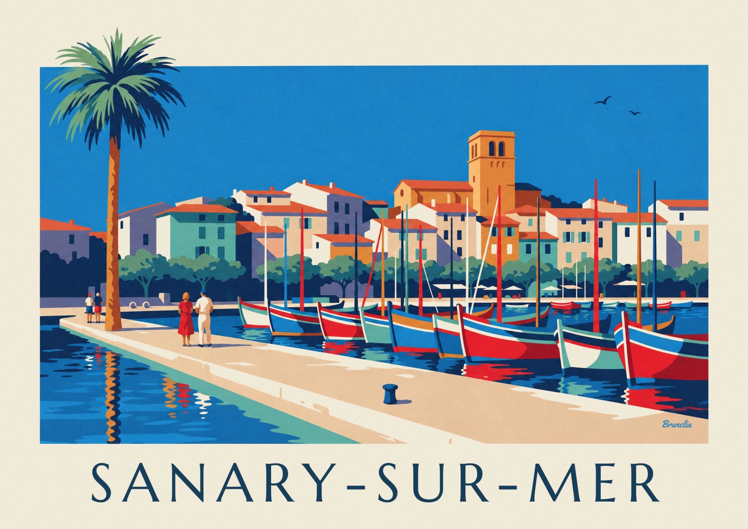 Red, blue and sea-green traditional fishing boats in front of the pale façades of Sanary harbour