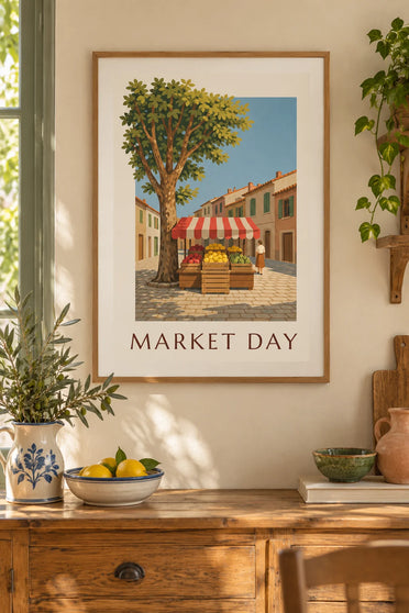 Poster Zitronenkiste auf einem Marktstand : gerahmt an der Wand
