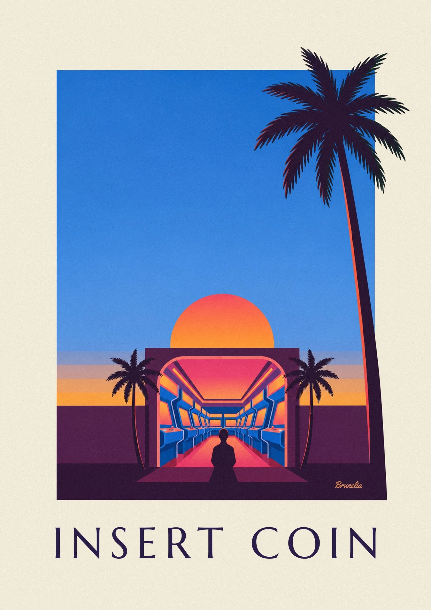Neon arcade and setting sun poster: close-up detail