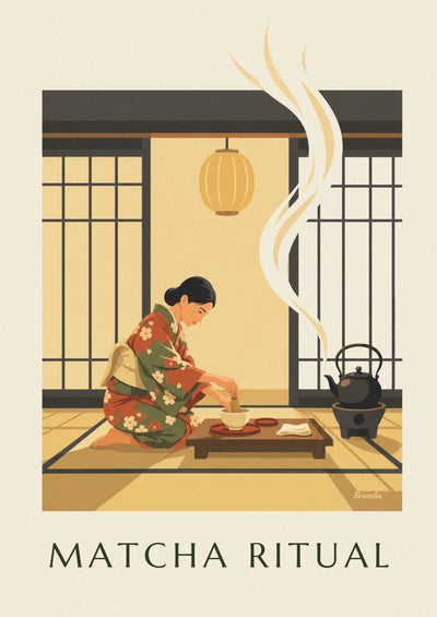 Affiche cérémonie du thé et bol de matcha au Japon : l'affiche entière