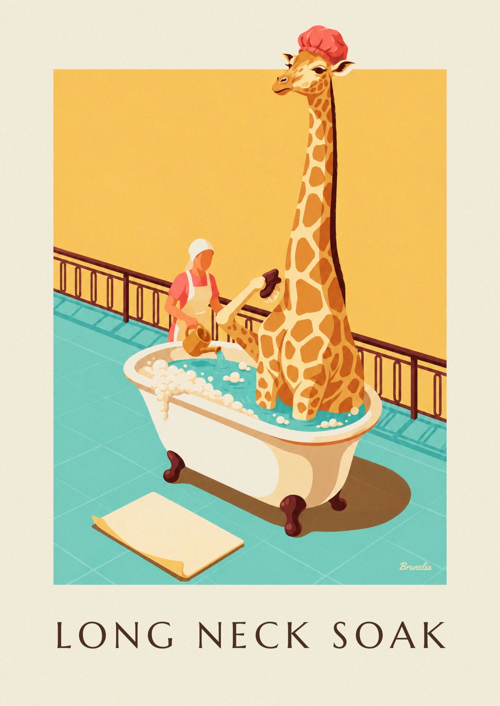Die Giraffe mit ihrem langen, gefleckten Hals und einer rosa Badekappe