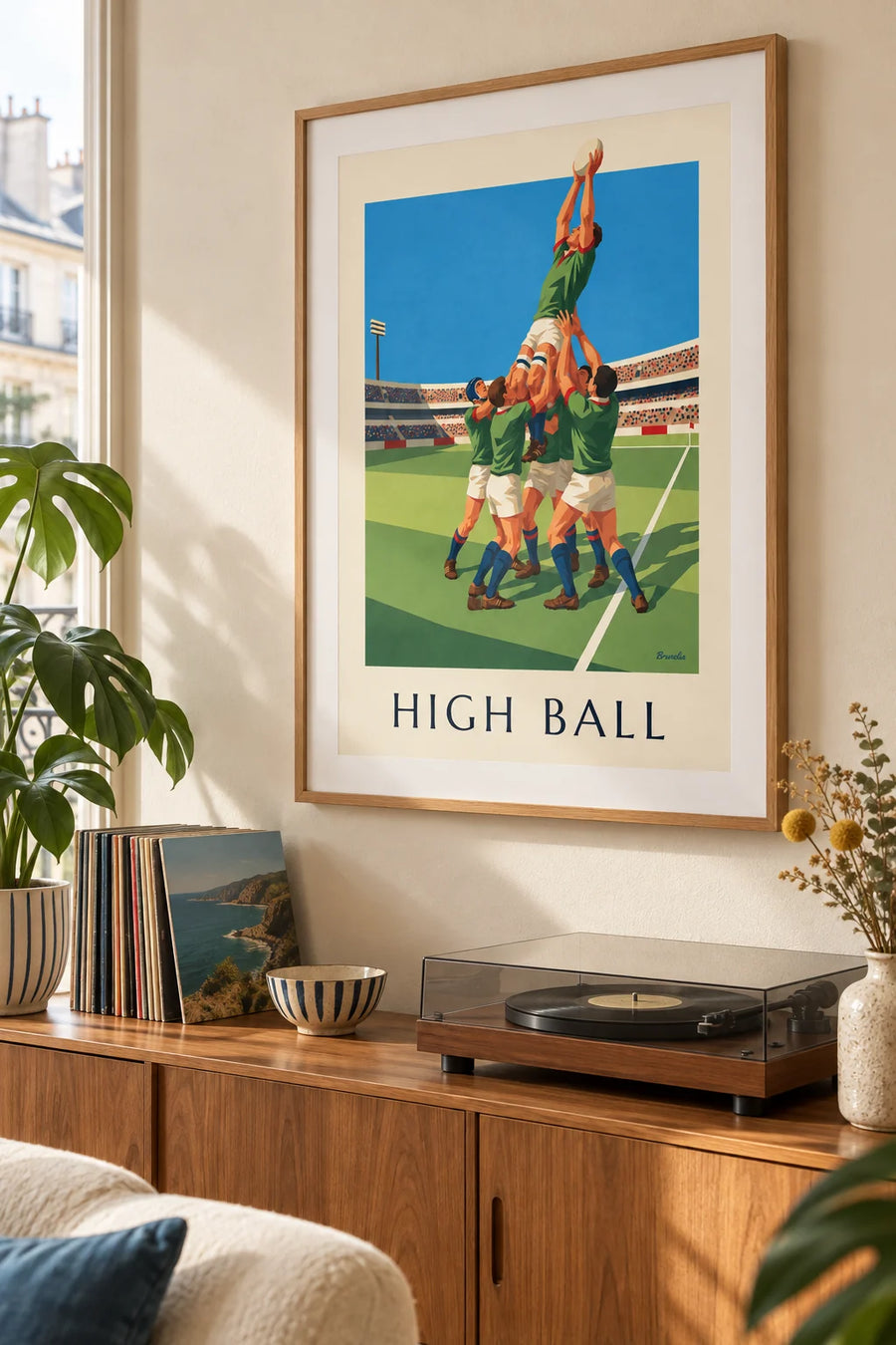 Poster Rugbyspieler im Sprung beim Einwurf, der den Ball fängt: gerahmt an der Wand