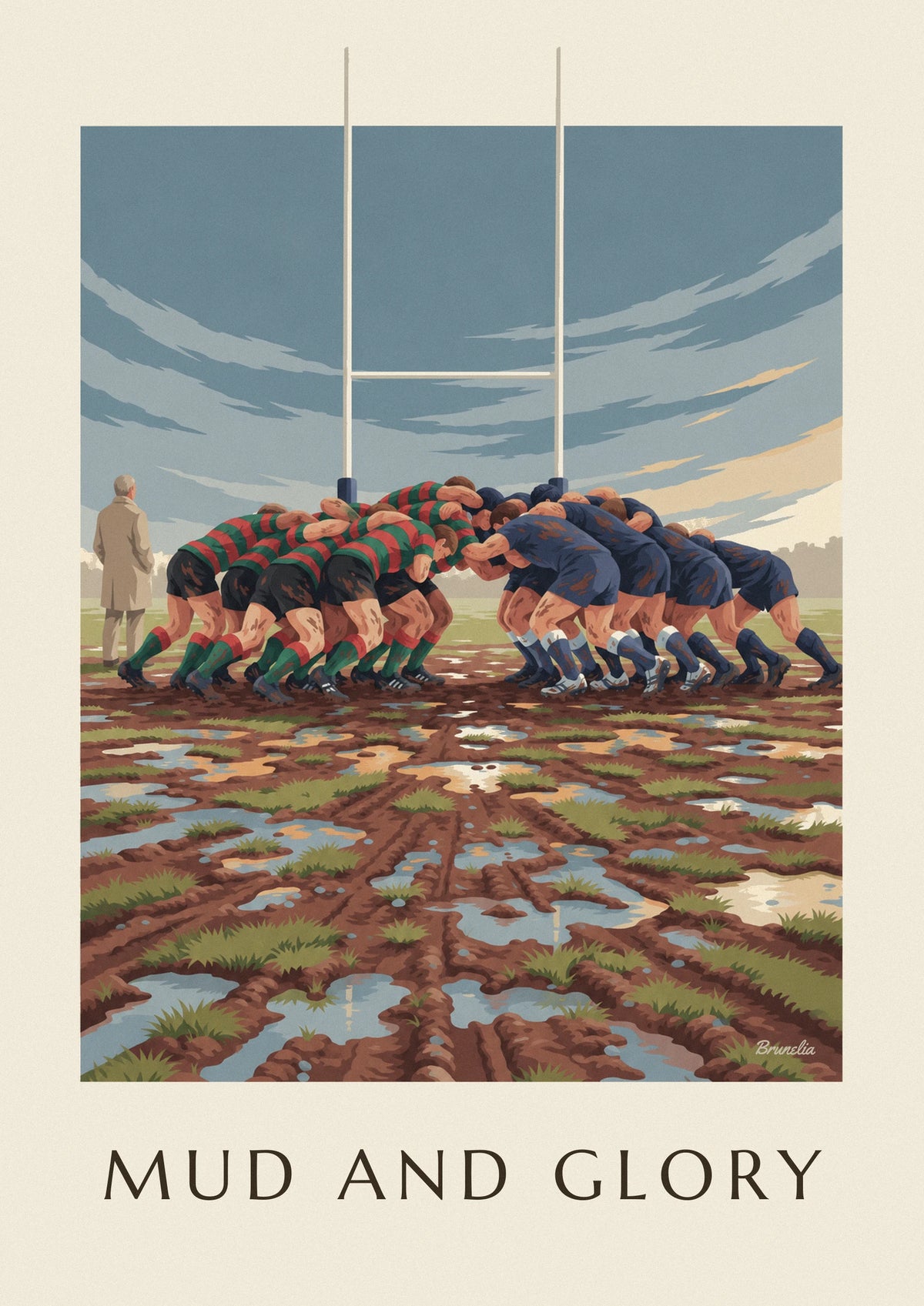 Poster Rugby-Gedränge im Schlamm unter Regenhimmel