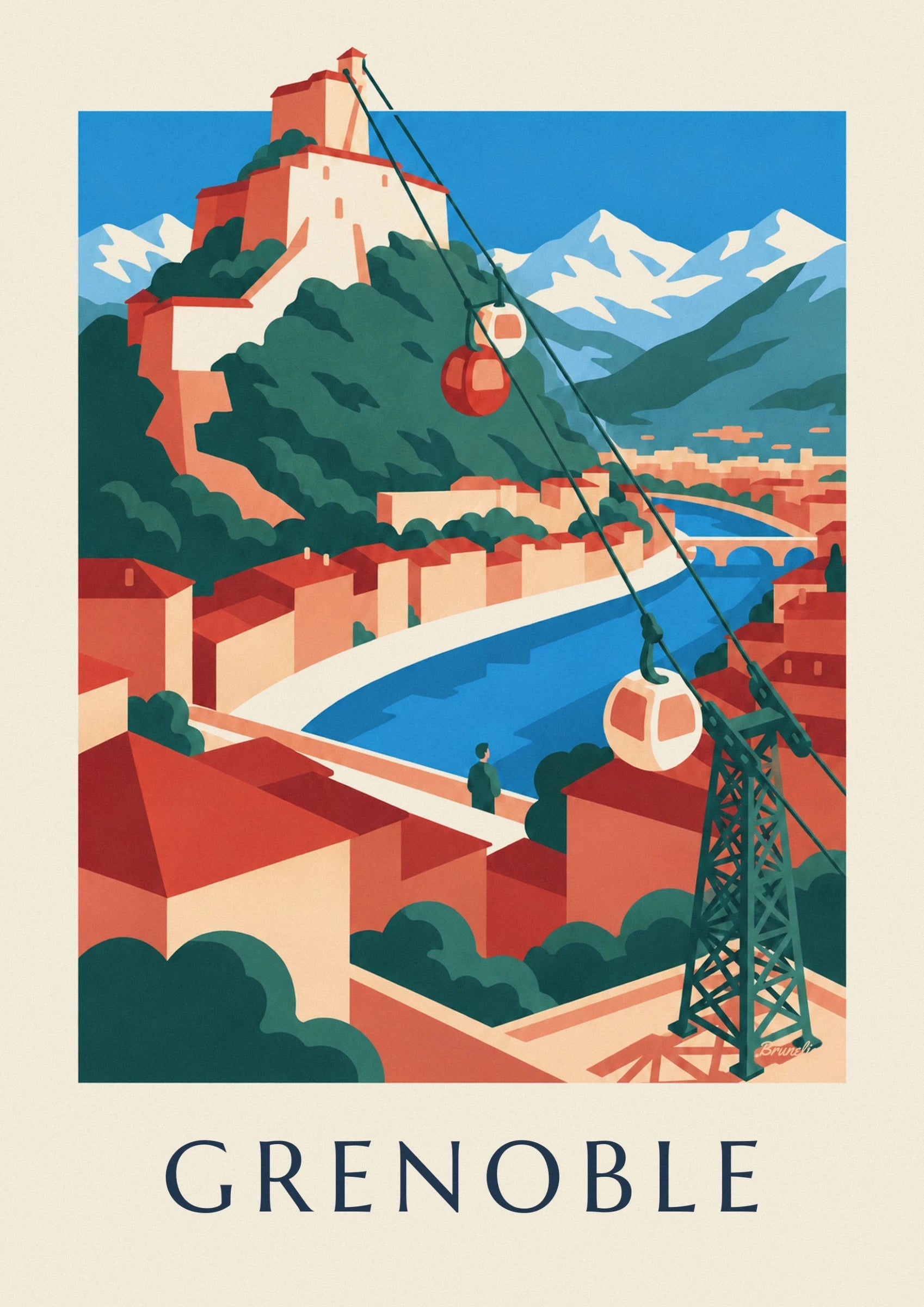 The red and cream cable car bubbles in front of the green slopes of Grenoble