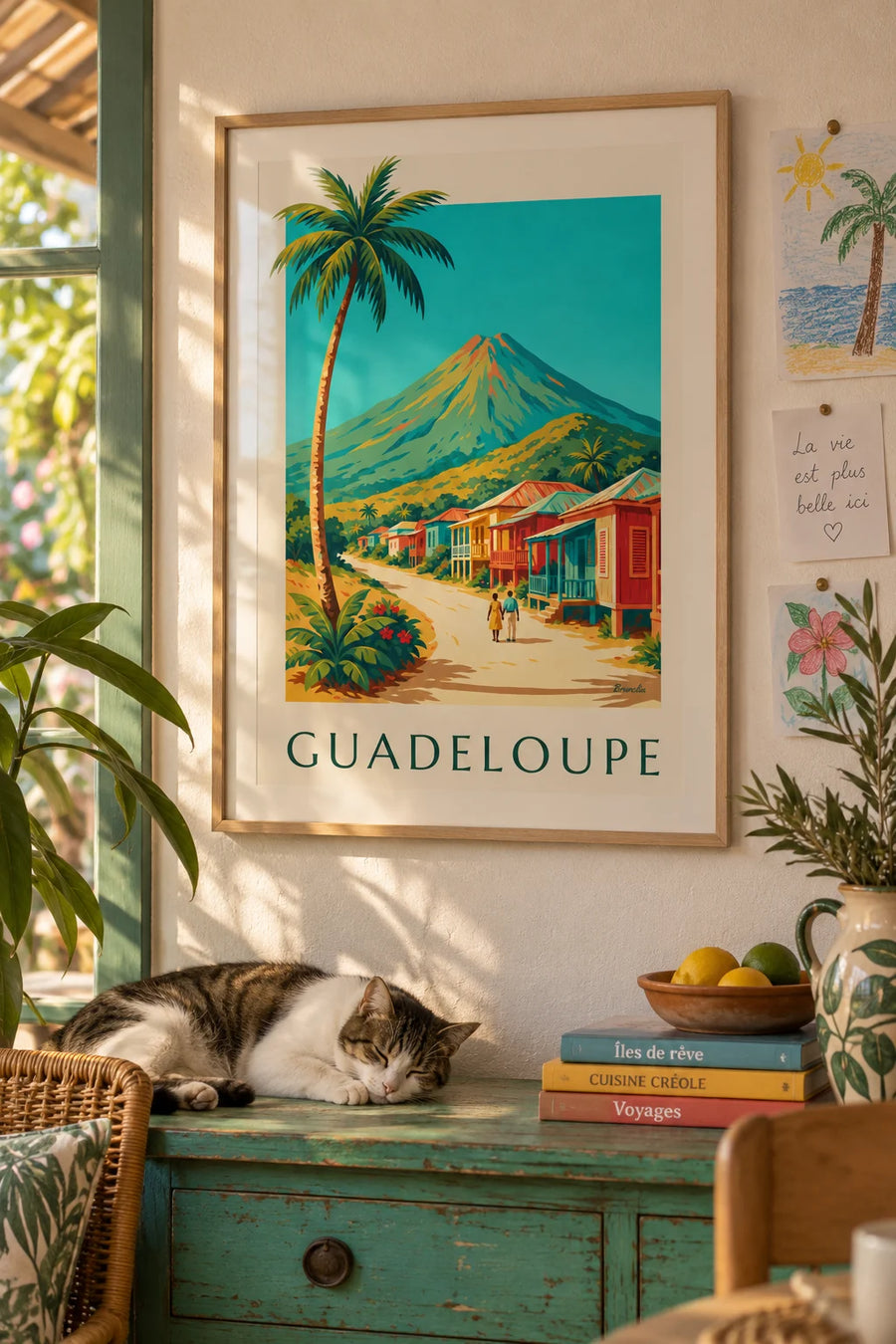 Poster of Creole houses and the Soufrière volcano in Guadeloupe: framed on the wall