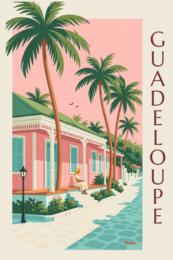Poster rosa kreolisches Haus unter Kokospalmen auf Guadeloupe