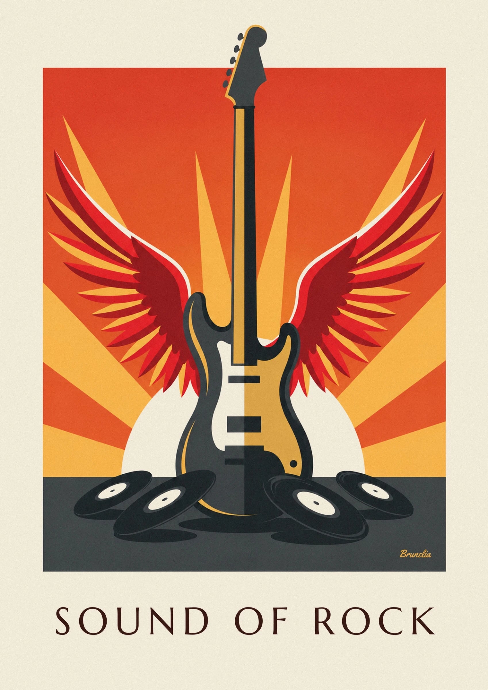 The black, cream and yellow electric guitar body framed by red wings