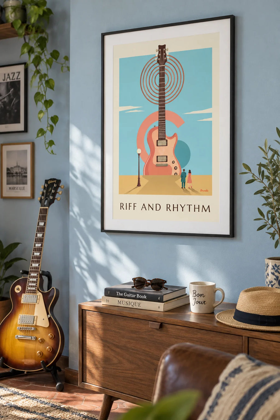 Poster E-Gitarre und geometrische Formen: gerahmt an der Wand