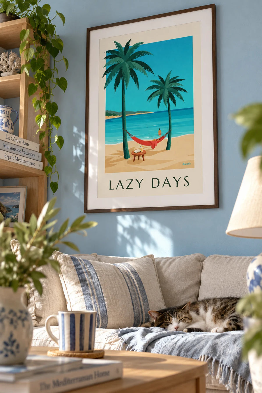 Affiche hamac, livre et verre en bord de mer : encadrée au mur