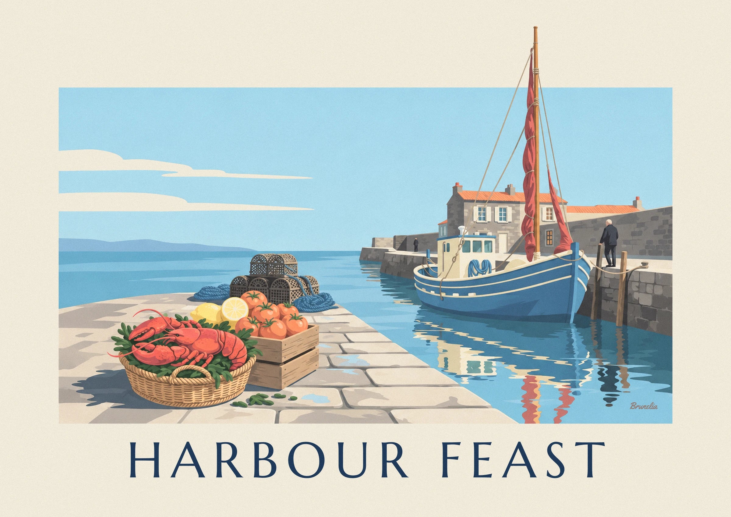 The red lobster on a bed of parsley in a wicker basket, with lemons and tomatoes